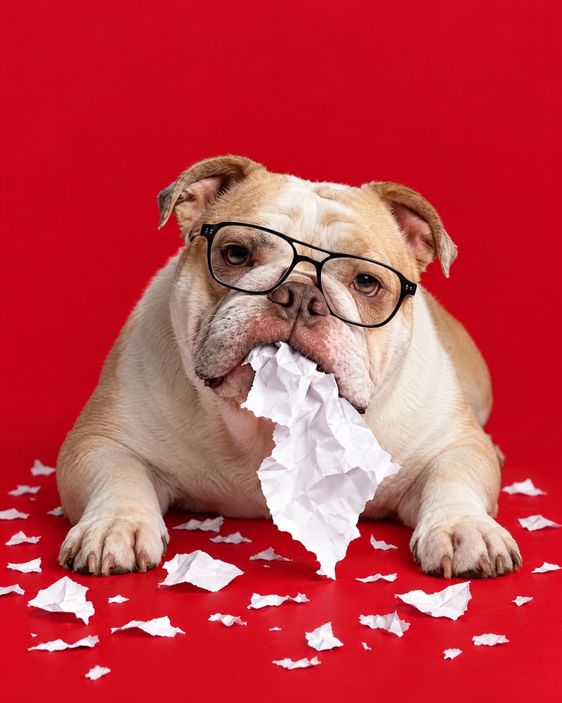 Boss the bulldog chewing up a sheet of paper