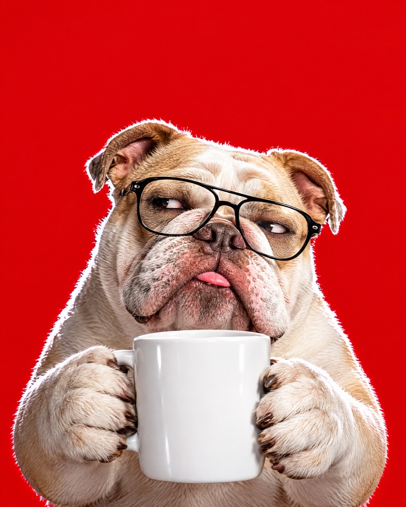 Boss the bulldog holding a mug, looking smug