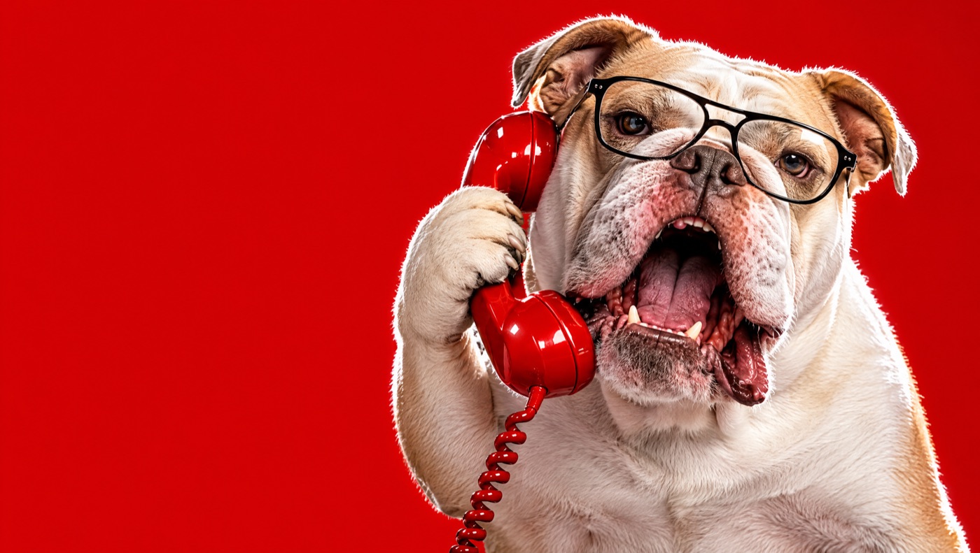 Boss the bulldog in glasses barking into a red telephone